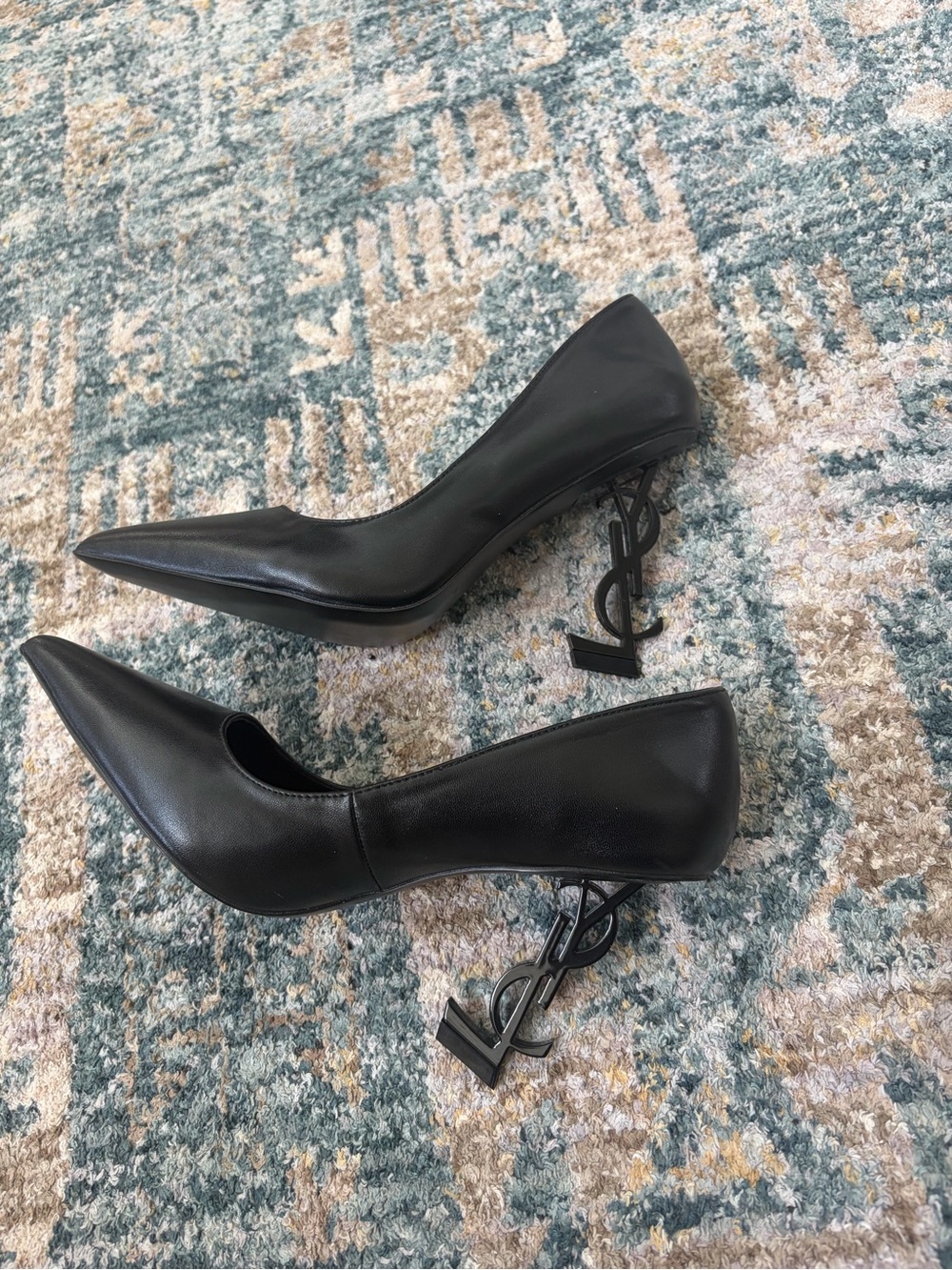 Designer Black Pointed Leather Pump with Sculptural Logo Heel - Picture 5 of 5